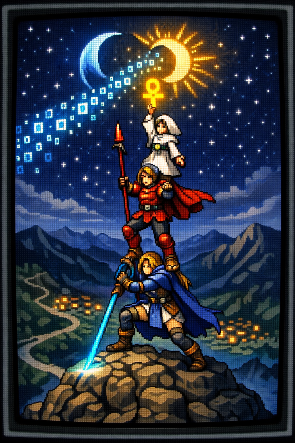 Pixel-art tableau of a party raising a glowing ankh between moon and sun