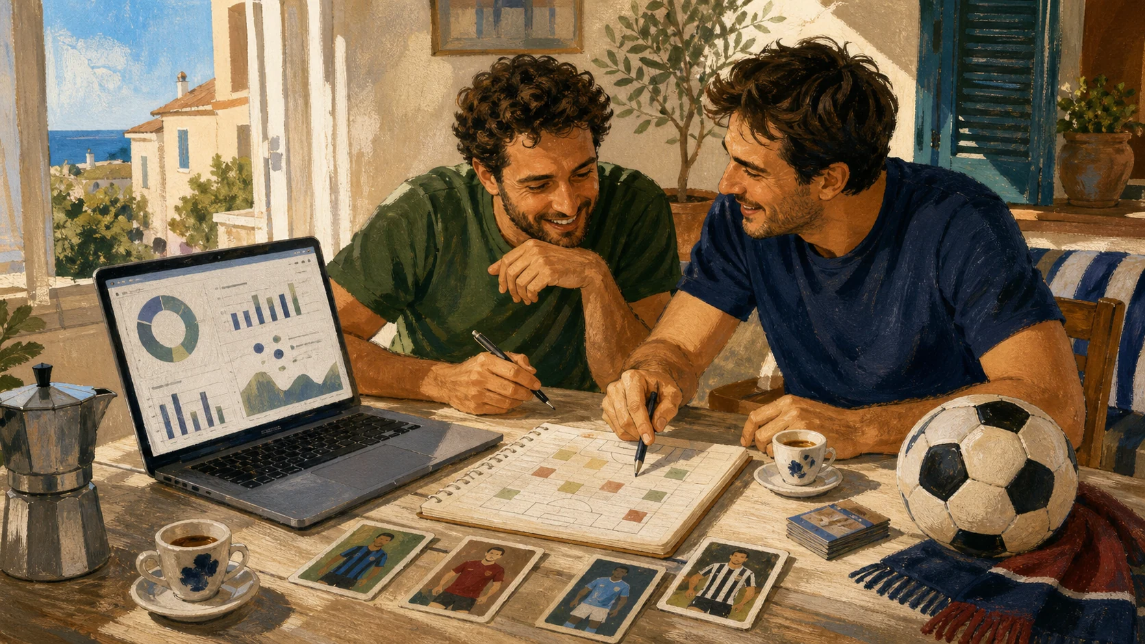 Two friends preparing their Fantacalcio auction together during a summer holiday