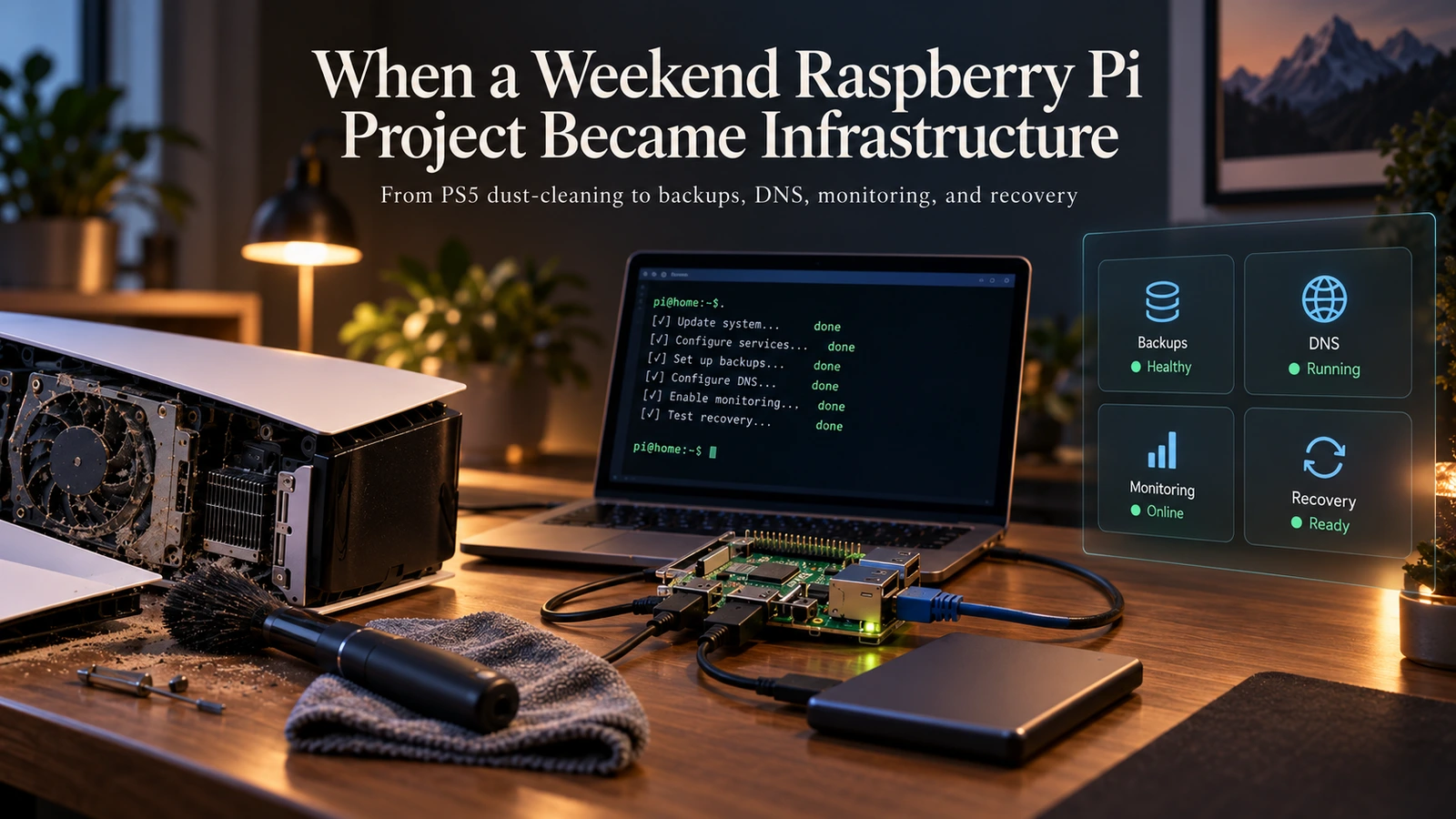 A half-cleaned PS5, a Raspberry Pi 5 and an external SSD on a desk at night