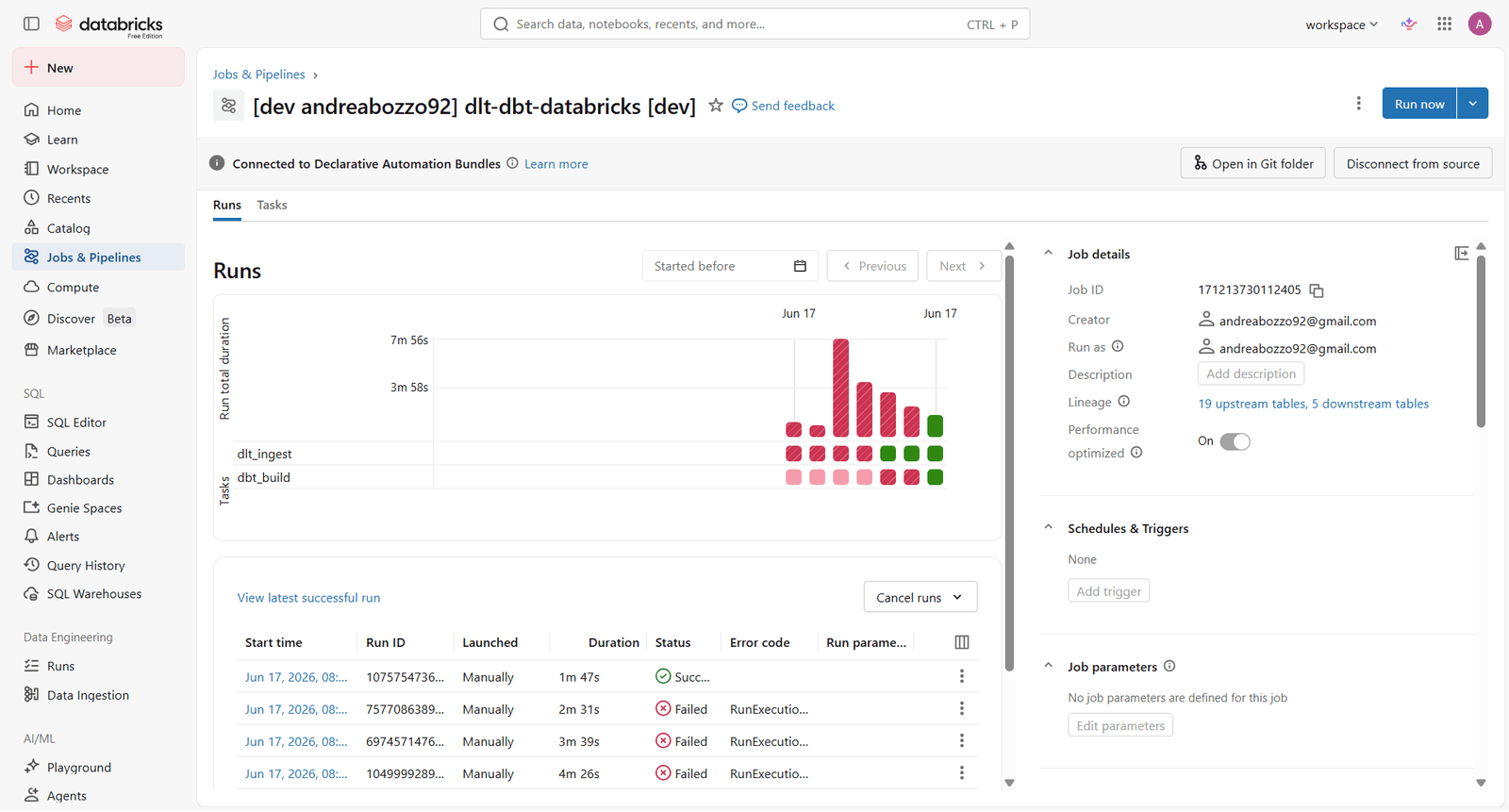 Run di un Job Databricks con due task dipendenti